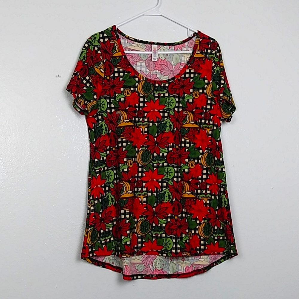 LulaRoe Classic T Blouse Women's Size M Red Poinssettia Flower Christmas Casual